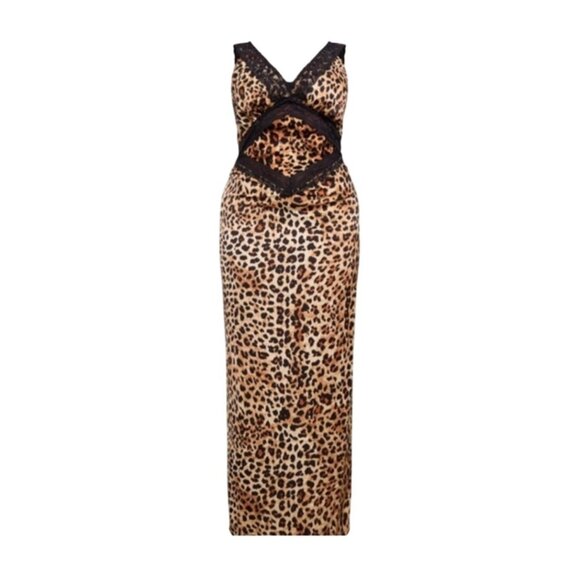 Womens Leopard Print Maxi Dress Lace Details By PrettyLittleThing Plus Sz US 12 - Picture 1 of 11